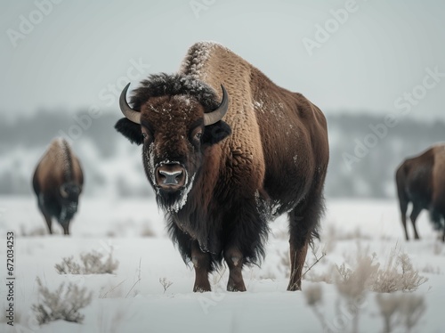 AI generated illustration of A bison walking in unison through a pristine snow-covered forest