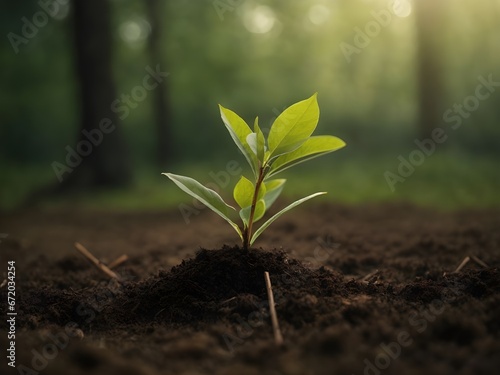 Green seedling growing in soil on sunset background, New life concept