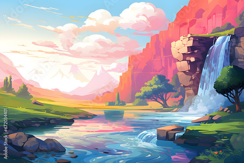 colourful cute and simple painting of the mountain waterfall landscape, a picturesque natural environment in bright colours