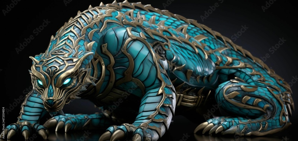 AI generated illustration of an antique metal tiger statuette with intricate golden detailing