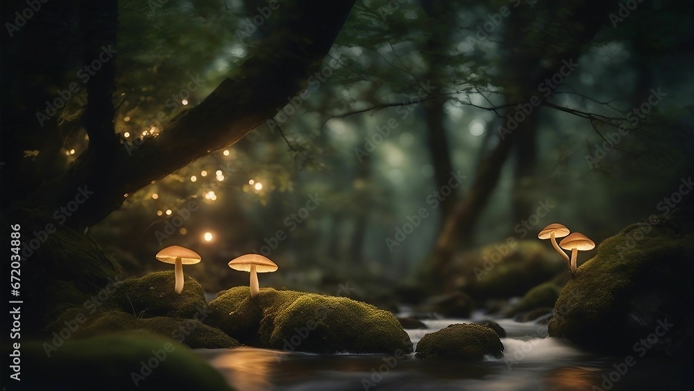 Obraz premium AI generated illustration of a tranquil outdoor scene featuring a stream lined with mushrooms