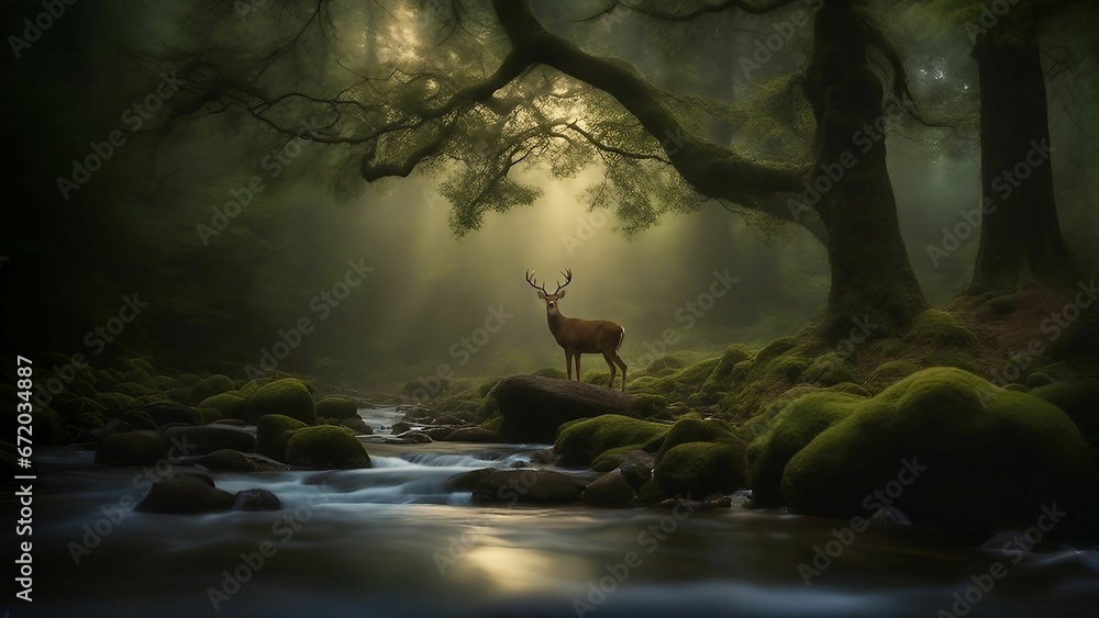 AI generated illustration of a majestic deer in a tranquil forest glade - obrazy, fototapety, plakaty 