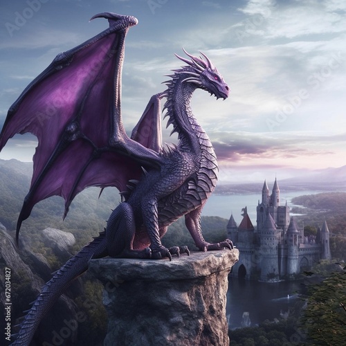 AI generated illustration of a majestic purple dragon atop a rock overlooking a castle