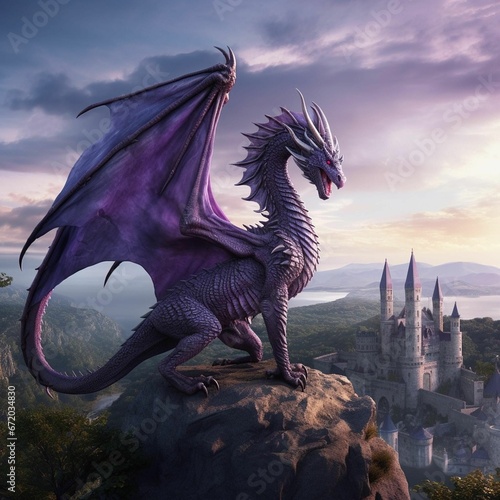 AI generated illustration of a majestic purple dragon atop a rock overlooking a castle © Wirestock