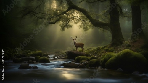 AI generated illustration of a majestic deer in a tranquil forest glade photo