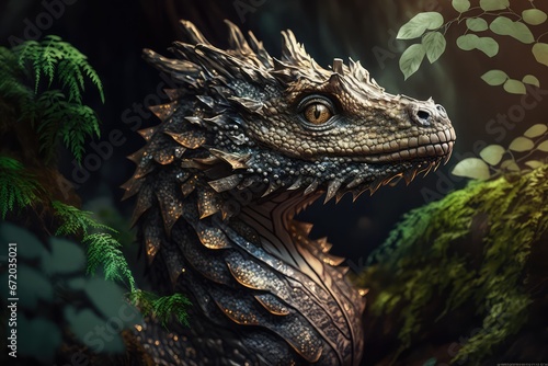 An AI generated illustration of a dragon on dark background