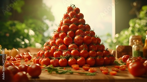 AI generated illustration of a vibrant red tomato tower on the wooden table photo