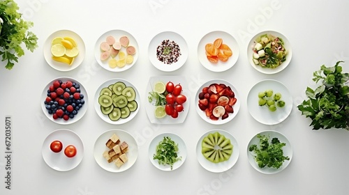 AI generated illustration of plates of vegetables and fruits on a white background
