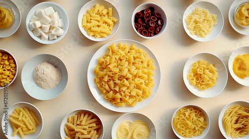 AI generated illustration of plates with various pasta on a white background