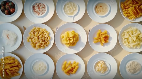 AI generated illustration of plates with various pasta on a white background