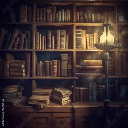 AI generated illustration of a room with wooden bookshelves filled with books