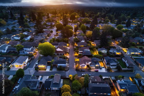aerial view of suburban fall trees at sunset, united states © Kien