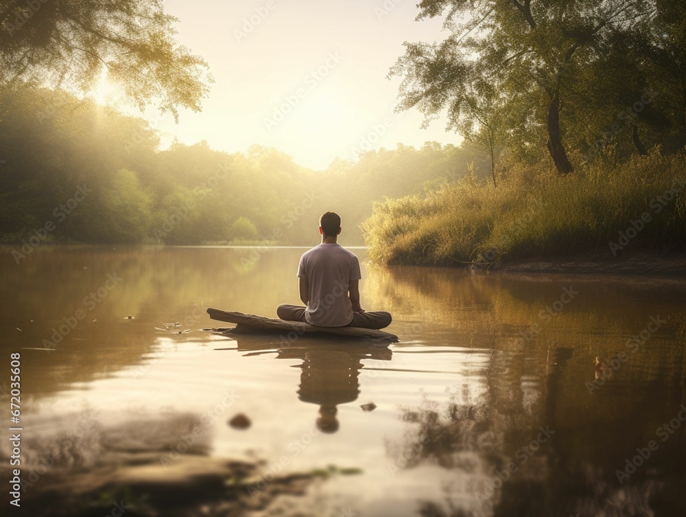 AI generated illustration of a person practising yoga in the lotus pose in a tranquil scenery