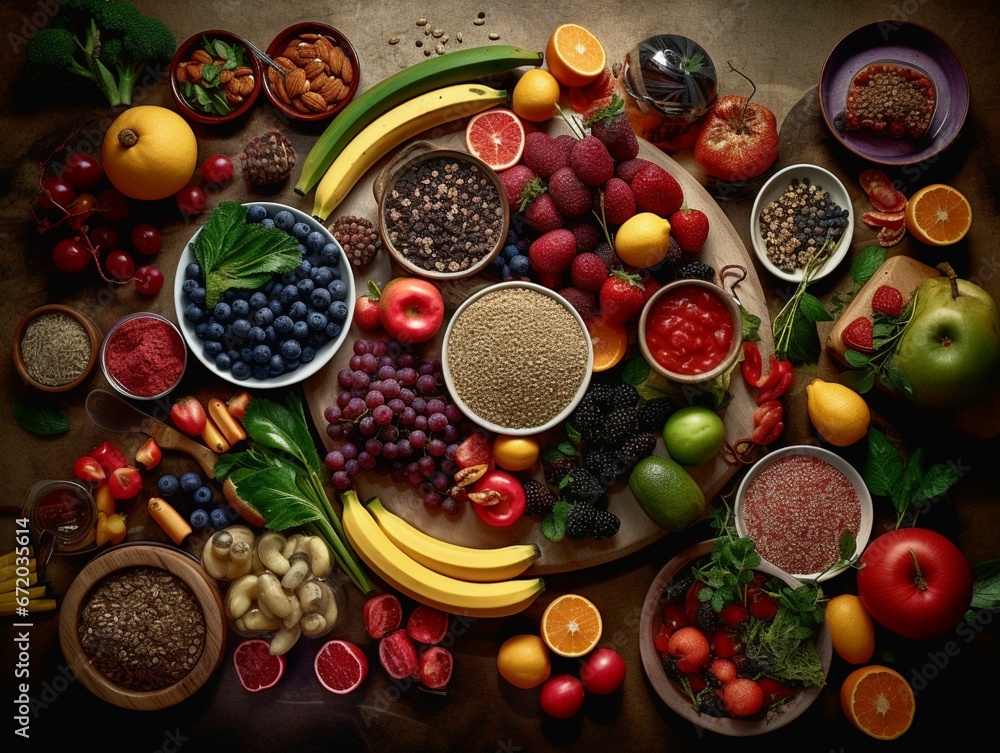 AI generated illustration of a top view of fruit assortments on the table AI generated illustration of a top view of fruit assortments on the table