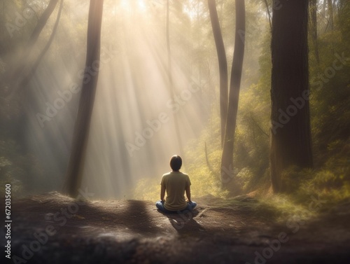 AI generated illustration of a person practising yoga in the lotus pose in a tranquil scenery