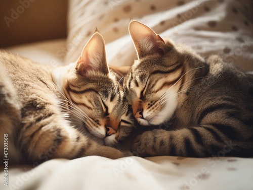 AI-generated illustration of adorable domestic cats cuddling on a bed