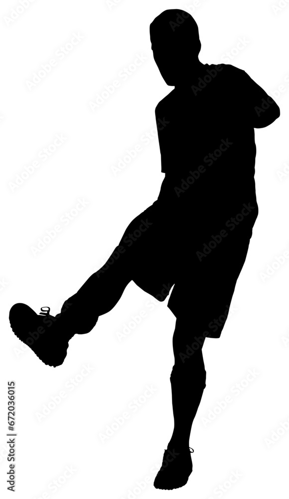 Digital png illustration of silhouette of male footballer kicking on transparent background