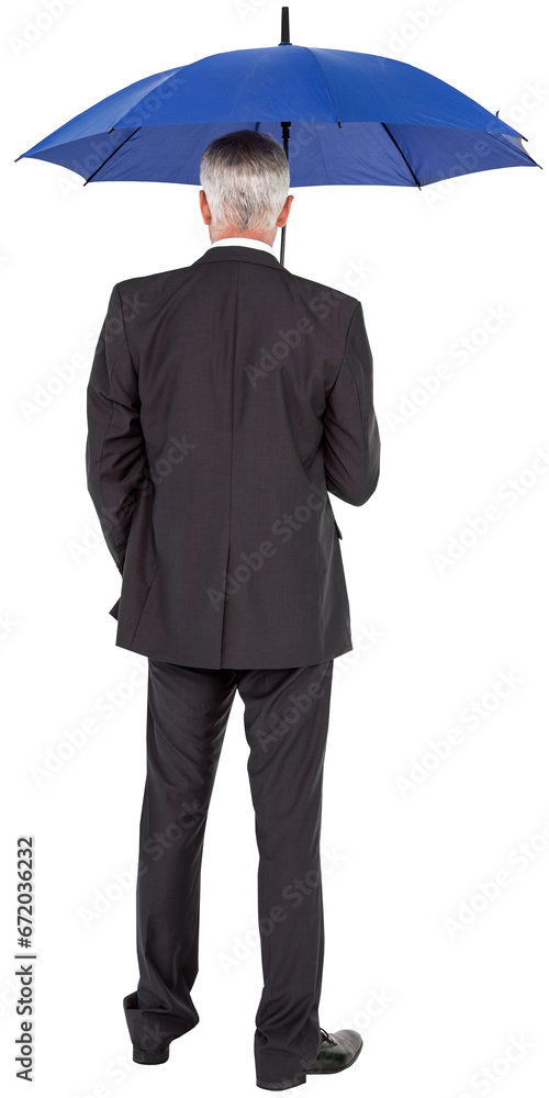 Digital png photo of back view of caucasian businessman with umbrella on transparent background Digital png photo of back view of caucasian businessman with umbrella on transparent background
