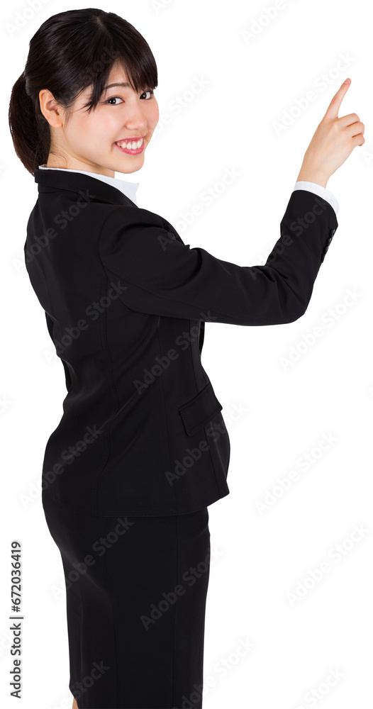 Digital png photo of happy asian businesswoman pointing finger and smiling on transparent background Digital png photo of happy asian businesswoman pointing finger and smiling on transparent background