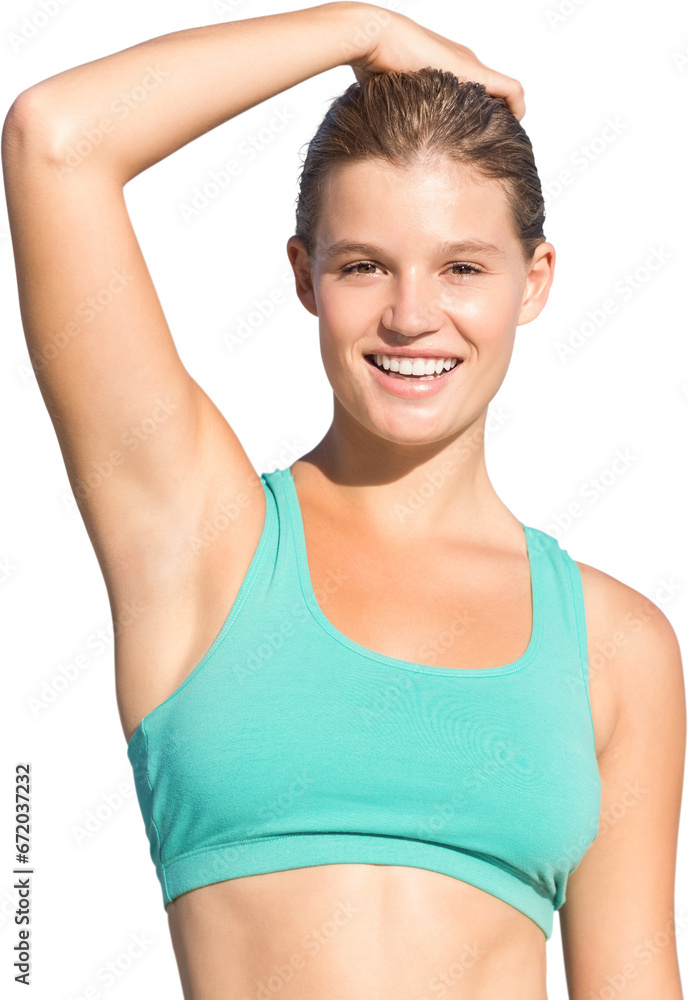 Digital png photo of caucasian woman wearing sports clothes on transparent background Digital png photo of caucasian woman wearing sports clothes on transparent background