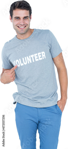 Digital png photo of caucasian man with volunteer text on transparent background