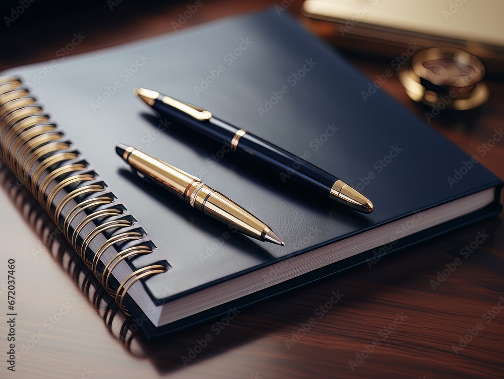 Notepad and pen on wooden desk AI Notepad and pen on wooden desk AI