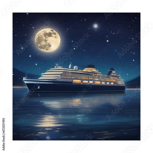 Moonlight, starlight, brilliant night sea cruise ship. generative ai