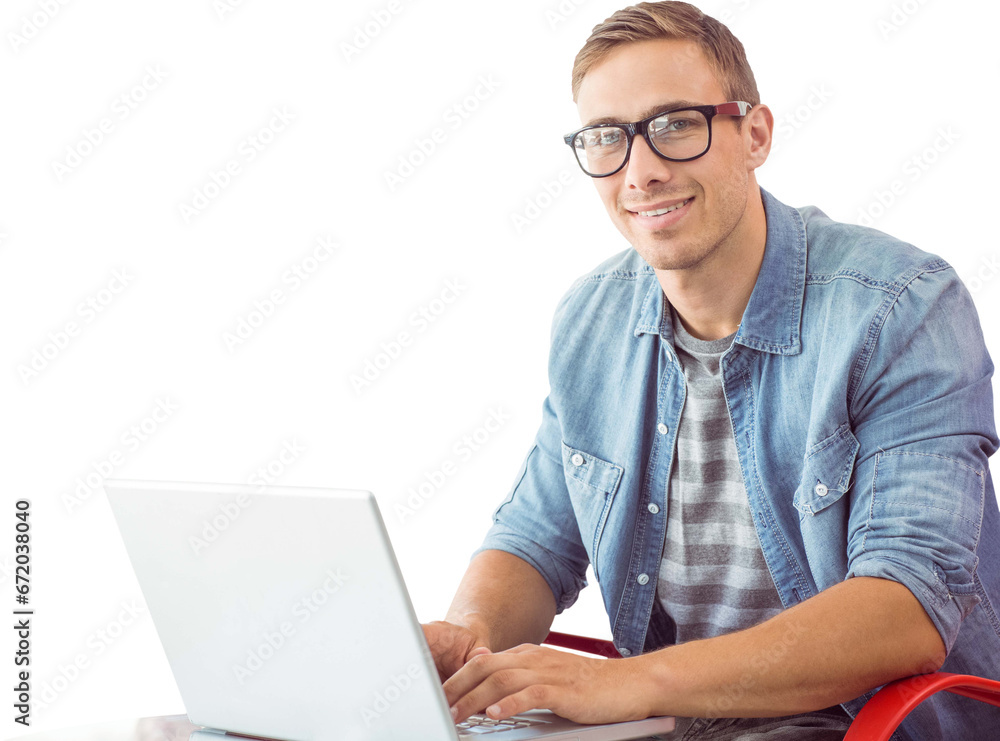 Digital png photo of caucasian man using laptop on transparent background Digital png photo of caucasian man using laptop on transparent background