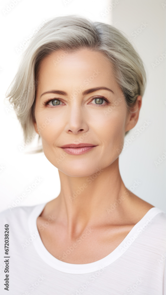 Closeup portrait of beautiful middle aged woman with grey hair and blue eyes Closeup portrait of beautiful middle aged woman with grey hair and blue eyes