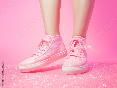 Pink glitter sneakers on a vibrant pink background. Y2K design