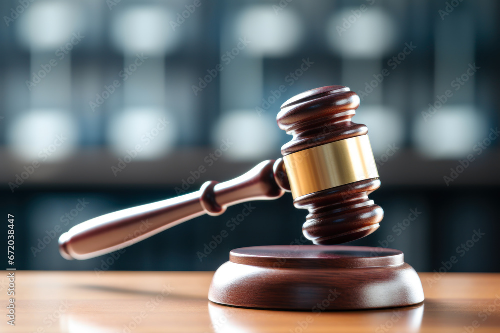 Gavel symbolizing law and justice in a courtroom setting. Gavel symbolizing law and justice in a courtroom setting.