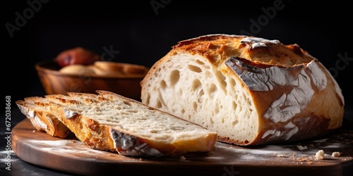Fresh homebaked artisan sourdough bread. Sliced loaf of bread on black background, copy space. : Generative AI