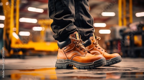 Close-up safety working shoe on a worker feet is standing at the factory, ready for working in danger workplace concept. Industrial working scene and safety equipment. : Generative AI photo