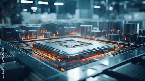 Shot of Computer Processor Production Line at Advanced Semiconductor Foundry in Bright Environment. Microchip Factory. : Generative AI photo