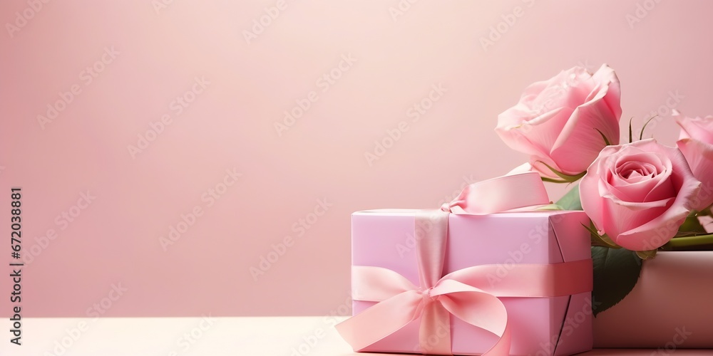 Valentine's Day and Mother's Day design concept background with pink rose, carnation flower and wrapped gift box on pink table background. : Generative AI Valentine's Day and Mother's Day design concept background with pink rose, carnation flower and wrapped gift box on pink table background. : Generative AI