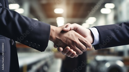 Closeup of business partners shaking hands in warehouse. : Generative AI