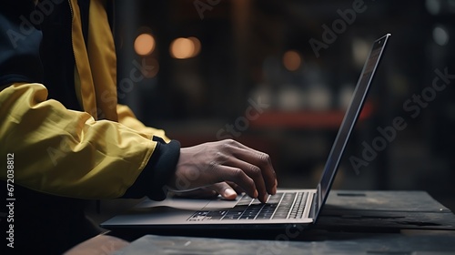 Close Up on Hands of a Professional Heavy Industry Engineer Wearing Safety Uniform and Using Laptop Computer. African American Industrial Specialist Standing in a Metal Construction Ma : Generative AI