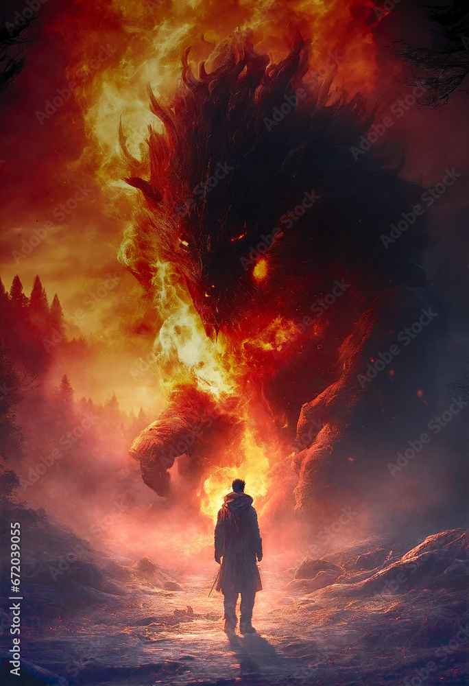 Fototapeta premium Standing tall and resolute, this man draws strength from the intense heat and crackling embers dancing before him