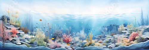 watercolour painting of the underwater ocean reef landscape  a picturesque natural environment in soft harmonious colours
