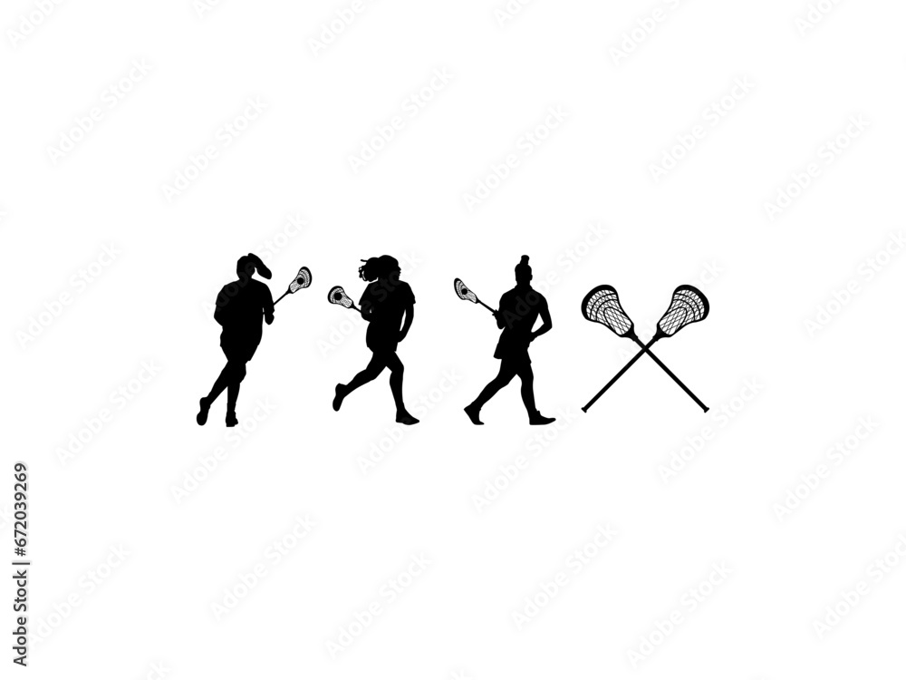 Woman lacrosse silhouette vector. Lacrosse player woman are throws the ball. Vector illustration. Woman lacrosse silhouettes collection SVG EPS PNG. Winter game USA.