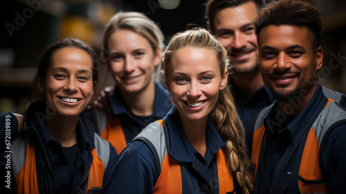 A group of friendly and positive warehouse workers in overalls posing for the camera