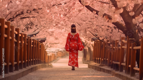 asian woman in a Japanese kimono walks under a cherry blossom tree generative ai © Krisana