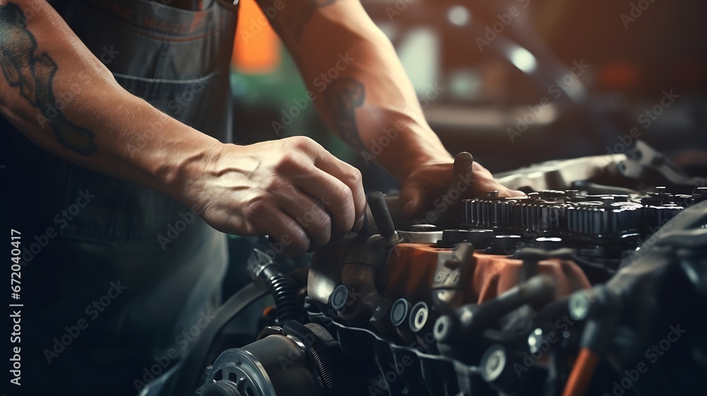 Auto mechanic working on car engine in mechanics garage. Repair service. authentic close-up shot - selective focus with motion blur : Generative AI Auto mechanic working on car engine in mechanics garage. Repair service. authentic close-up shot - selective focus with motion blur : Generative AI