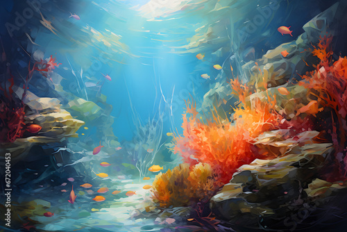 colourful impressionist painting of the underwater ocean reef landscape, a picturesque natural environment in bright colours © sam
