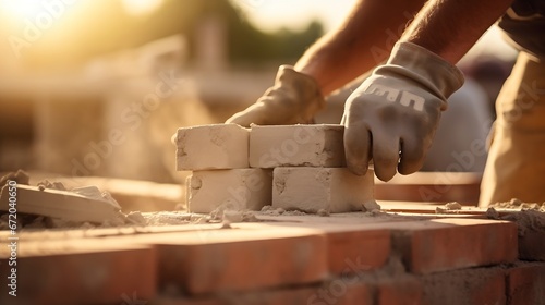 Bricklayer laying brick on cement mix on construction site close-up. Reduce the housing crisis by building more affordable houses concept : Generative AI