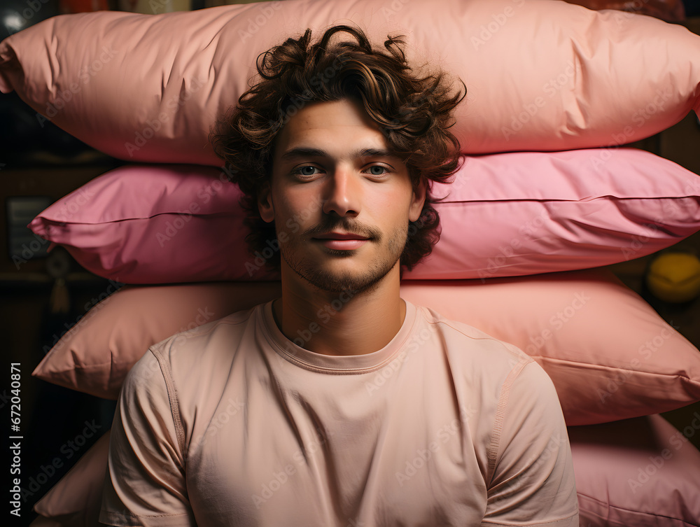Man holding pillow and sleeping standing up on colored background Man holding pillow and sleeping standing up on colored background
