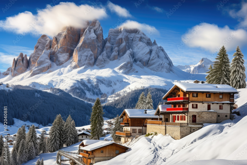 Bright winter view of Alpe di Siusi village. scene of Dolomite Alps