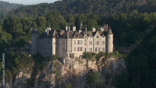 Close up shot of Walzin castle on cliff at belgium, aerial photo