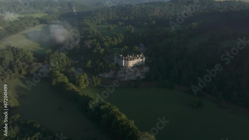 Tilt up view of Walzin castle medieval castle at belgium, aerial photo