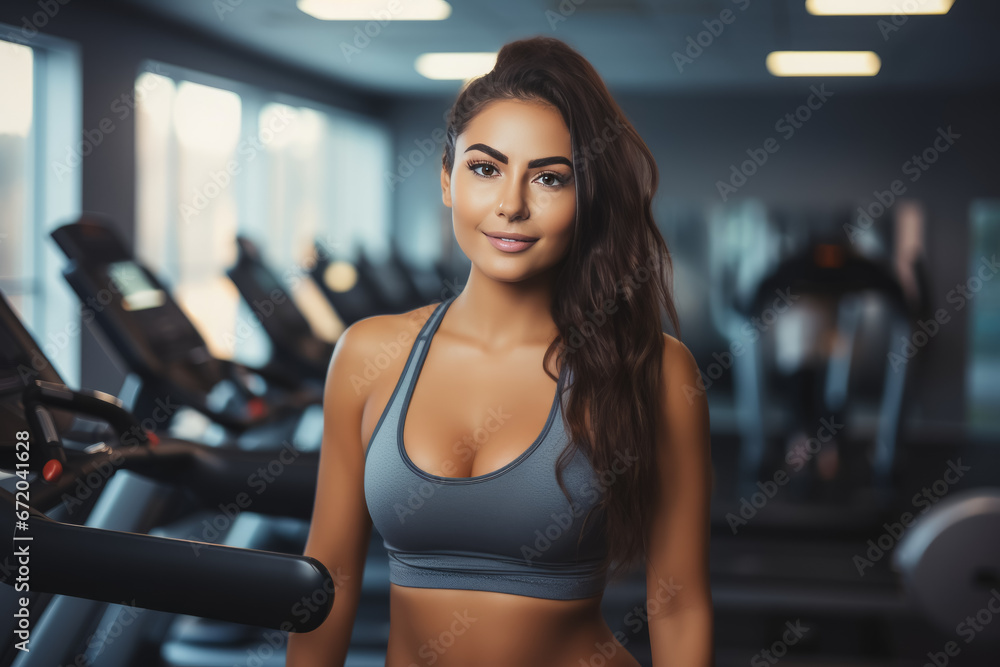 Obraz premium Young sporty woman doing sport in the gym center, run on treadmill . Healthy lifestyle